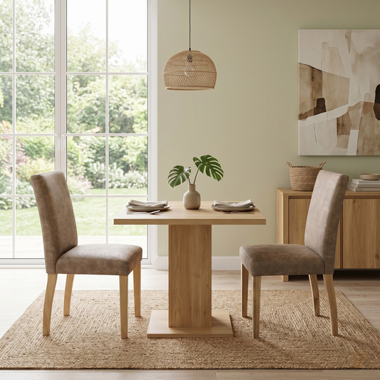 Dining room view for the ‘Augusta’ Taupe Cowboy upholstered dining chairs, highlighting the set of 2 packaging, durable faux-leather fabric texture, and modern industrial design.