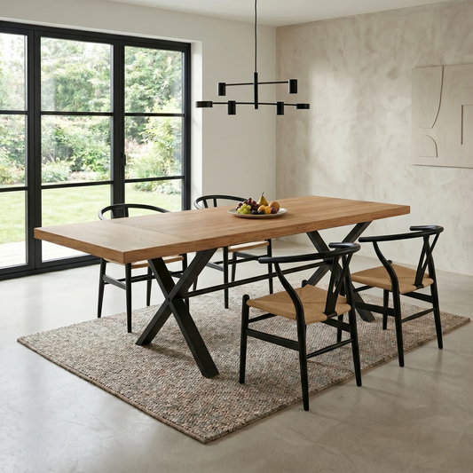 Living room view for the ‘Earth’ solid oak 35cm extension leaf, highlighting its easy slot-in mechanism, rustic wire-brushed finish, and ability to expand your seating capacity.