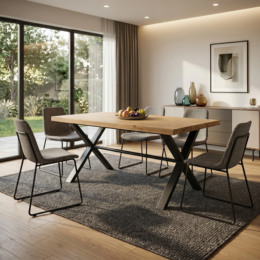 Dining room view for the ‘Earth’ 150cm solid oak dining table, highlighting its urban industrial design, rustic wire-brushed finish, and family-friendly seating capacity.