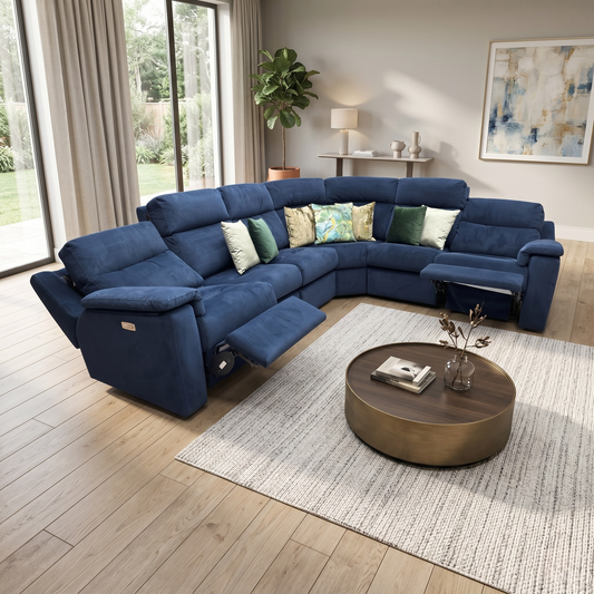 G Plan ‘Thornbury’ A901 Plush Indigo Blue Velvet Power Recliner XL Corner Sofa with Power Headrests and Power Lumbar