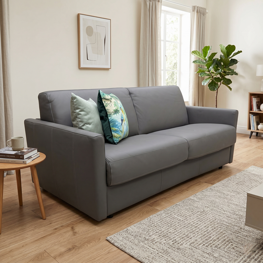 Nicoletti 'Alcova' Torello Grigio Scuro 327 Leather 2.5 Seater Sofa Bed with Slim Arms
