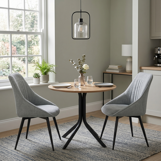 Dining room setup displaying a set of 2 silver upholstered Crete chairs tucked neatly under a contemporary dining table, highlighting their compact and stylish design.