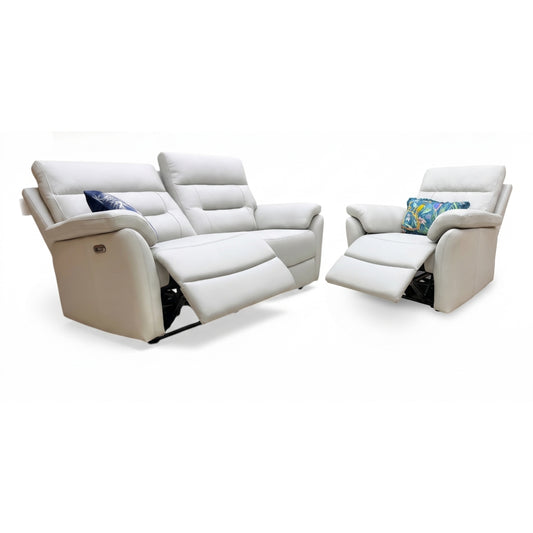 Full View ‘Sally’ contemporary living room suite, showcasing a luxury 3-seater power recliner sofa and a matching power recliner armchair beautifully upholstered in premium Light Grey leather.