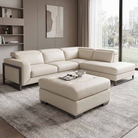 'Action' Taupe Leather Large Square Footstool