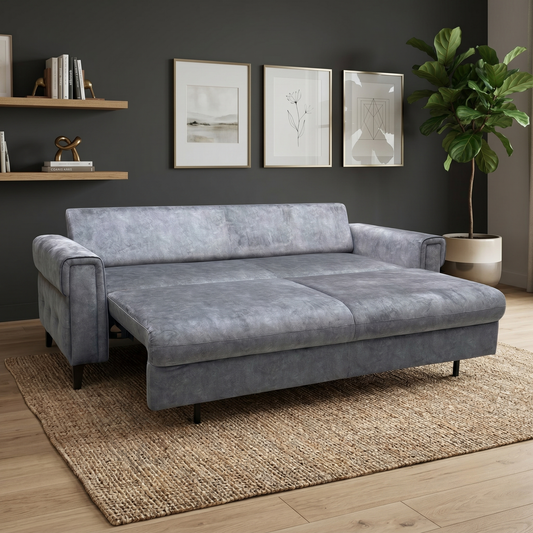 Living room view the Zoom Marble Dark Grey fabric 3-seater sofa fully converted into its guest bed configuration, demonstrating the smooth pull-out mattress extension and spacious sleeping area.