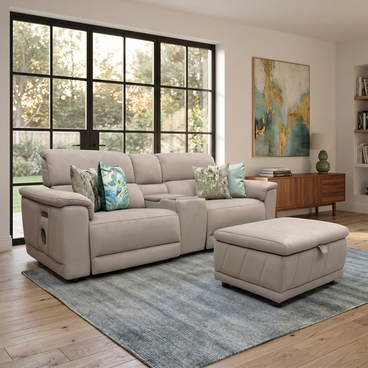 'Genius' Bella Latte Taupe Fabric 3 Seater Power Recliner Media Sofa with Power Headrests, Power Lumbar and Heated Seats + Storage Footstool
