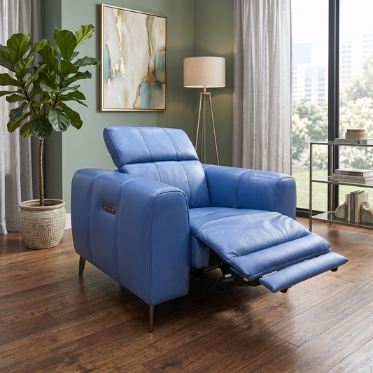 'Ezra' Cat-40-12 Aegean Blue Leather Power Recliner Chair with Power Headrest