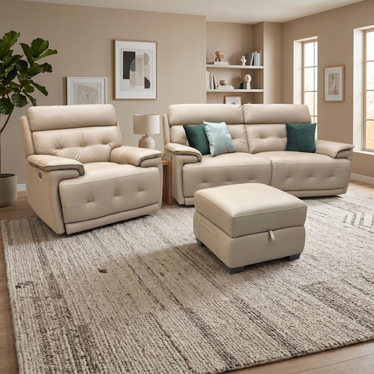World of Leather ‘Brescia’ Nw-8475 Nude Cream Leather 3 Seater Power Recliner Sofa with Power Headrests + Power Chair + Storage Footstool