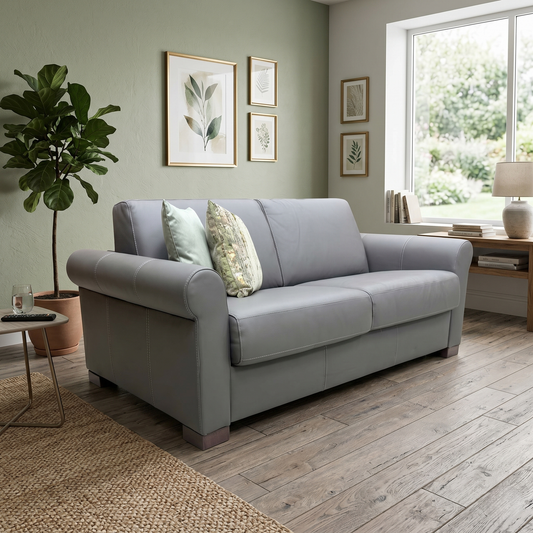 Nicoletti 'Alcova' Torello Grigio Scuro Grey 327 Leather 2 Seater Sofa Bed with Scroll Arms