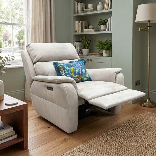 Nicoletti ‘Vito’ Flambe Visone Taupe Fabric Power Recliner Chair with Power Headrest and Power Lumbar