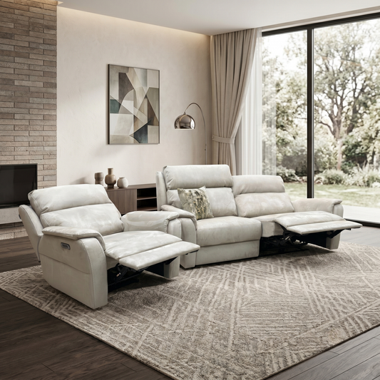 Nicoletti 'Vito' Flambe Visone Taupe Fabric 3 Seater Power Recliner Sofa with Power Headrest and Power Lumbar + Power Chair