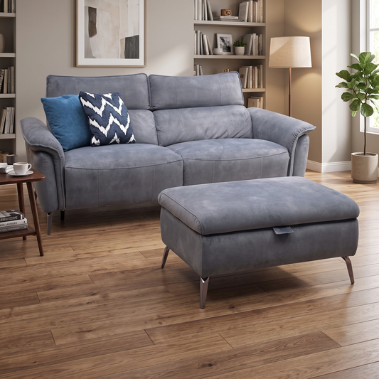 ‘Jude’ Dexter Shadow Charcoal Grey Velvet 3 Seater Power Recliner Sofa with Telescopic Headrests + Storage Footstool Furniture Village