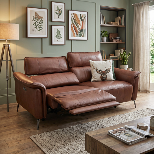 ‘Jude' Montana Butterscotch Brown Cat-60_07 Leather 3 Seater Power Recliner Sofa with Telescopic Headrests