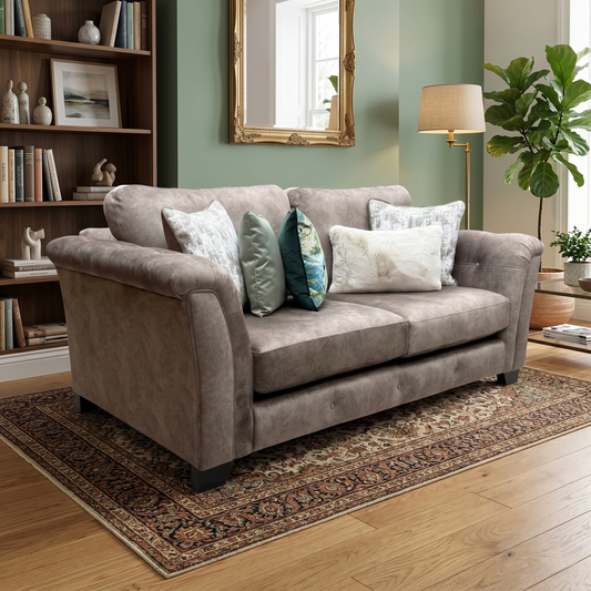 Living room view of three-quarter angled view of the Aura chocolate brown fabric couch, highlighting the thick track arms, substantial seating depth, and modern living room profile.