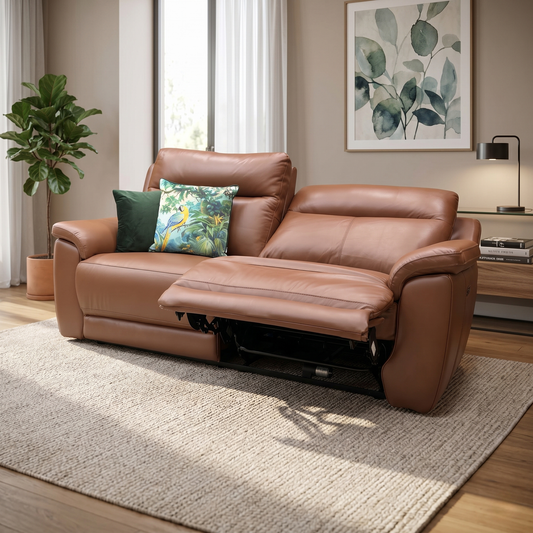 Living room of the Bobby tan brown leather 3-seater sofa fully reclined, demonstrating the smoothly extended electric footrests for optimal lower body support and relaxation.