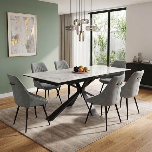 Styled upscale luxury dining room lifestyle layout featuring the complete Crete ceramic extending table and 6 dark grey swivel chairs arranged beautifully for a contemporary dinner party.