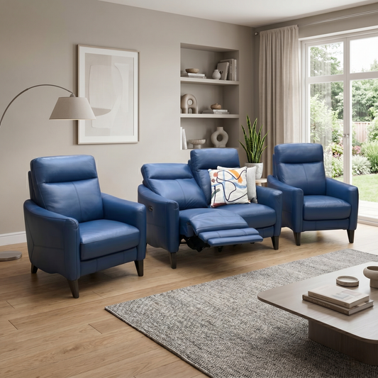 World of Leather Compact Collection ‘Petit’ Bv-313e Ocean Blue Leather 2 Seater Power Recliner Sofa + Armchair + Armchair