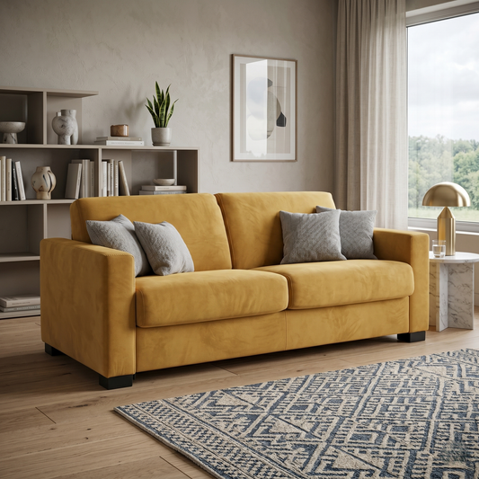Nicoletti ‘Alcova’ Flambe Ocre Yellow Fabric 2 Seater Sofa Bed with Box Arms