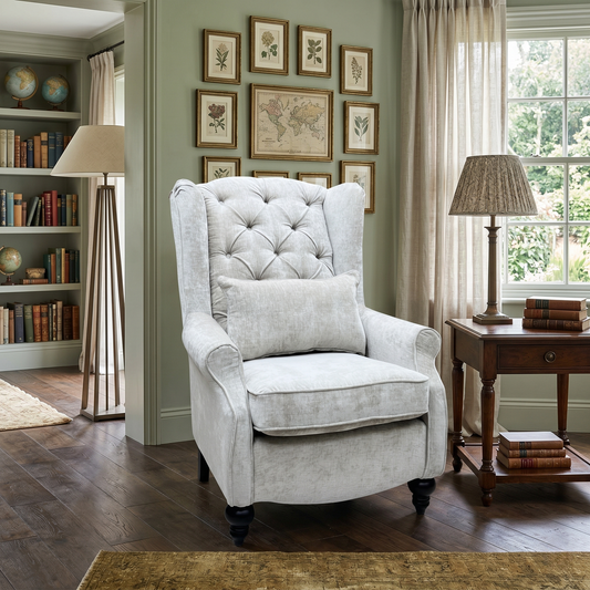 ‘Shirley’ Taupe and Grey Combination Checkered Pattern Fabric Buttoned Back Accent Chair