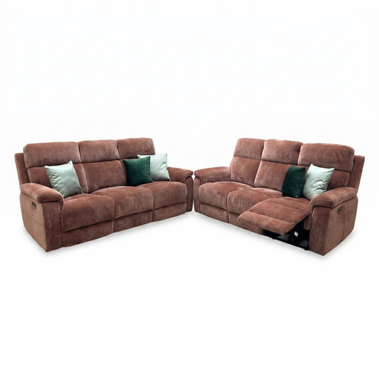 ‘Raven' Manhattan Burnt Sienna Fabric 3+3 Seater Power Recliner Sofa