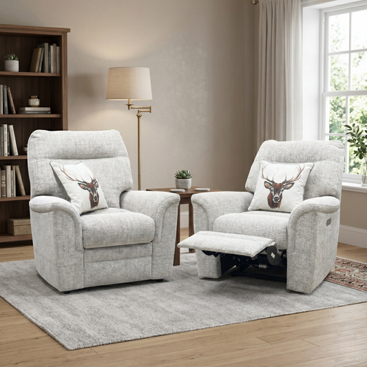 Parker Knoll ‘Hudson 23’ Ida Stone 006035-0055 Fabric Chair Set – Power Recliner Chair & Standard Armchair