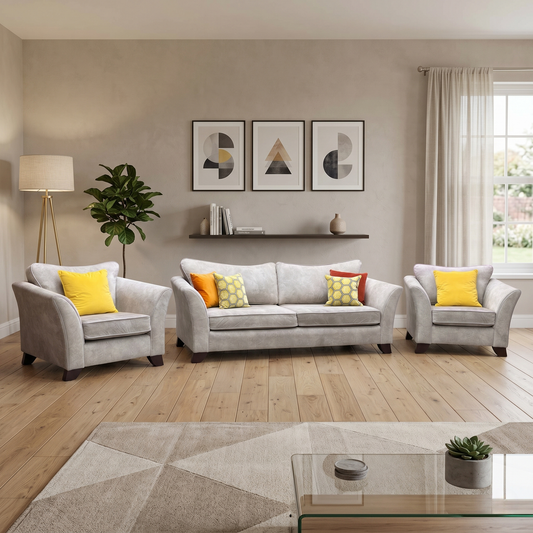 ‘Amora’ Dapple Cream Chrome Insert Fabric 3 Seater Sofa + Chair + Chair
