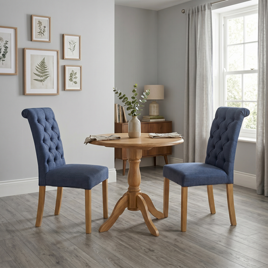 ‘Hamilton’ Dark Blue Fabric Roll Back Button Back Pair of Dining Chairs