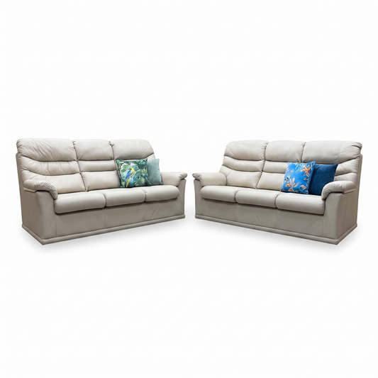 Full View ‘G Plan Malvern’ contemporary 3+3 seater sofa set, showcasing two identical three-seater sofas beautifully tailored in luxurious L840 Cambridge Chalk leather.