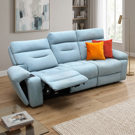 ‘Cinemax’ Vv-Velvet Blu Fabric 3 Seater 3 Cushion Media Arms Power Recliner Sofa with Power Headrests