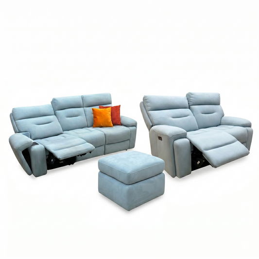 Full View ‘Cinemax’ contemporary 3-seater and 2-seater power recliner sofa suite, beautifully tailored in luxurious VV Velvet Blu fabric upholstery, paired with a matching Baby Blue velvet storage footstool.
