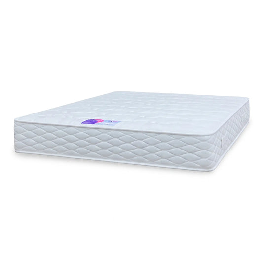 Full View ‘Dalby’ advanced foam extra-firm double mattress, showcasing its supportive profile with a crisp white knitted top cover and clean dark grey side panels.