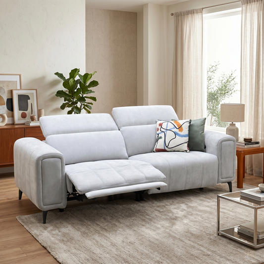 ‘Elphaba’ Manhattan Stone 58004 Fabric 3 Seater Power Recliner Sofa with Storage Arms