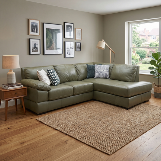‘Marlow’ Olive Green Italian Leather Right Hand Corner Chaise Sofa