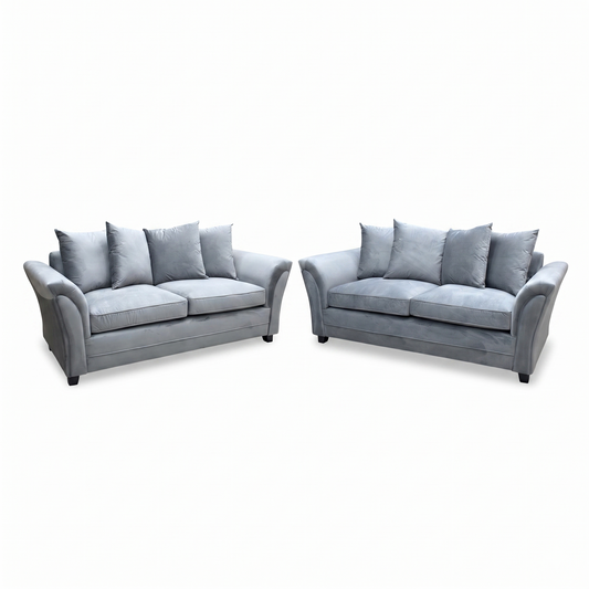 Full View ‘Leila’ contemporary living room suite, showcasing two matching 3-seater sofas beautifully upholstered in a durable, modern Grey fabric with a clean linear profile.
