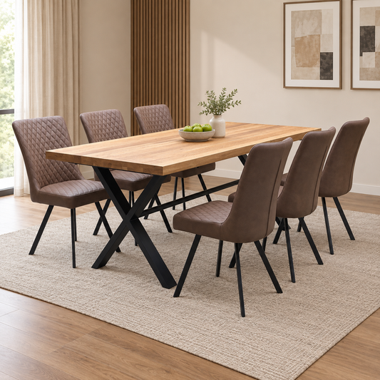 Earth Solid Oak 190cm Dining Table with X-Shaped Legs with Tan Brown Faux Leather Set of 6 Dining Chairs – view 2