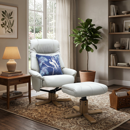 ‘Muscat’ Mushroom Light Grey Leather Swivel Recliner Chair and Footstool