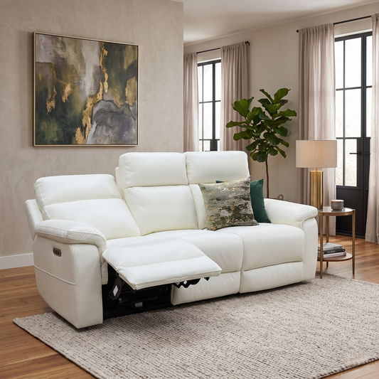 ‘Raven’ Oslo Cotton White Cat-40_13 Leather 3 Seater Power Recliner Sofa