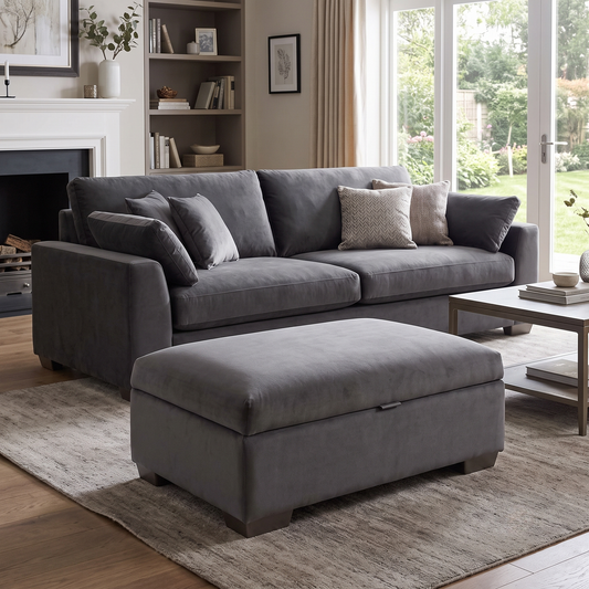 Styled upscale living room lifestyle layout featuring the Parker Knoll Hudson brown fabric storage footstool arranged alongside a matching armchair as a versatile leg rest and clutter-free organizer.