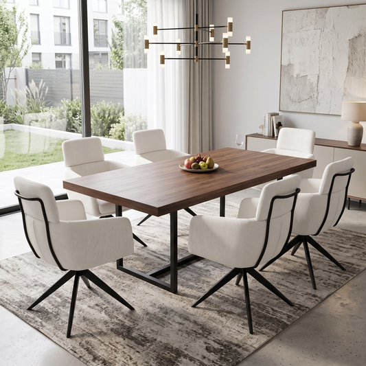 Styled upscale contemporary dining room lifestyle layout featuring the complete set of 6 Jason white corduroy swivel dining chairs arranged neatly around a luxury modern dining table.
