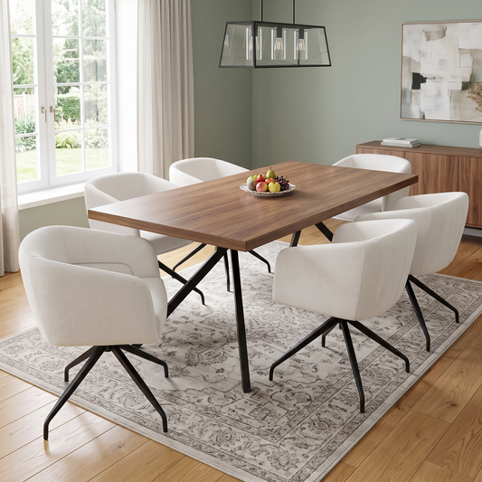 Styled upscale contemporary dining room lifestyle layout featuring the complete set of 6 Atlas white corduroy swivel dining chairs arranged neatly around a luxury modern dining table.