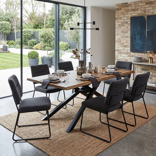‘Sapporo' Dark Oak Solid Oak Fixed Dining Table, styled in a lifestyle room setting