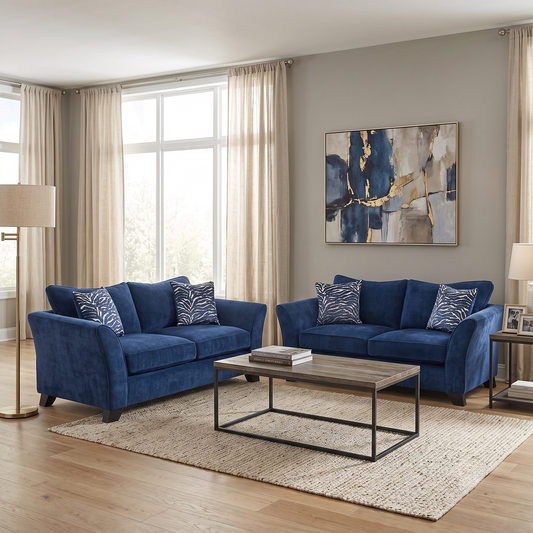 Styled upscale contemporary living room lifestyle layout featuring the complete Sasha Zara Navy Blue classic back 3+3 seater sofa set arranged as a luxurious, bold family lounge center.