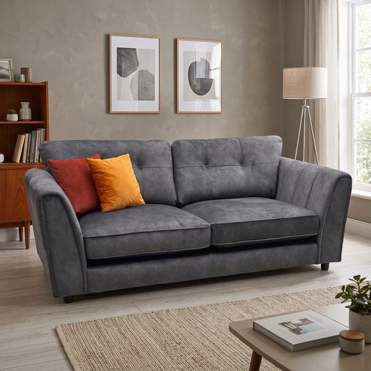 Styled upscale living room lifestyle layout featuring the Mariah Dapple Moleskin fabric 3-seater sofa arranged as a sophisticated, warm, and inviting family lounge centerpiece.