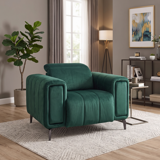 Styled upscale contemporary living room lifestyle layout featuring the Elphaba Bottle Green fabric power recliner chair arranged as a cozy, high-tech reading and media corner.