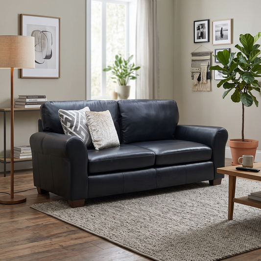 Styled upscale contemporary living room lifestyle layout featuring the Bailey black leather 3-seater sofa arranged as an inviting, luxury family lounge centerpiece.