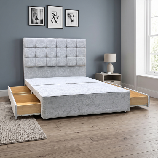 Styled upscale master bedroom lifestyle layout featuring the Mia King Size Simply Zinc grey fabric floor-standing headboard and 4-drawer sprung divan bed as a luxurious centerpiece.
