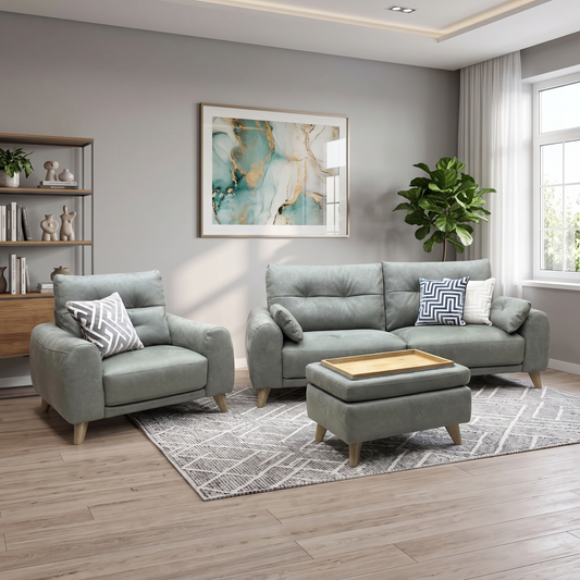 Styled upscale contemporary living room lifestyle layout featuring the complete Malmo olive green sofa, chair, coffee table, and storage footstool set arranged as a luxurious, cozy family lounge space.