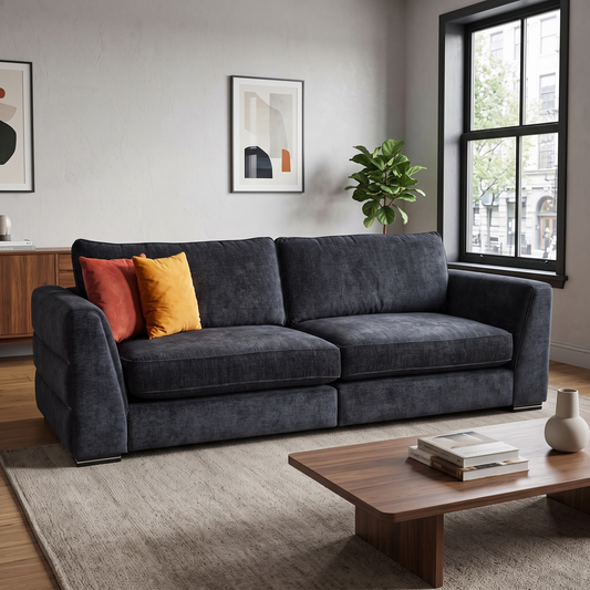 Styled upscale grand living room lifestyle layout featuring the Belissimo Mirage black and silver 4-seater split-frame sofa arranged as an elegant centerpiece.