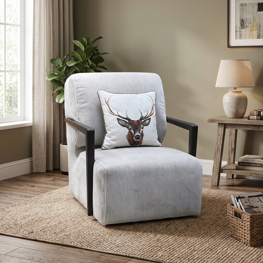 Styled upscale contemporary living room alcove or bedroom corner layout featuring the Aphrodite cobblestone grey fabric swivel chair arranged as a luxurious, cozy statement piece.