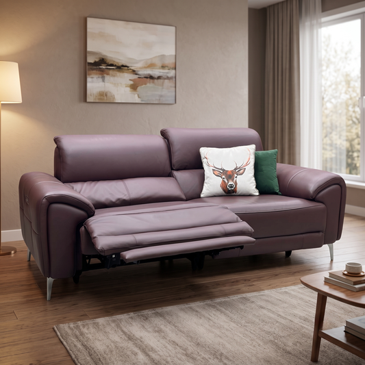‘Vino’ Cat-40_30 Oslo Mulberry Leather 3 Seater Power Recliner Sofa with Power Headrests and Heated Seats Furniture Village
